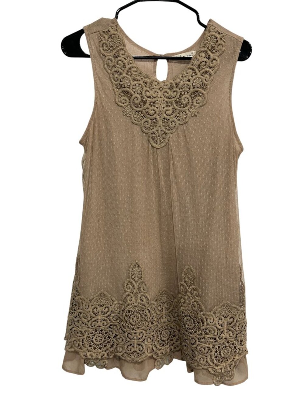 Indigo Soul Medium Beige Sleeveless Tunic Top Crochet Lace Keyhole Boho Chic